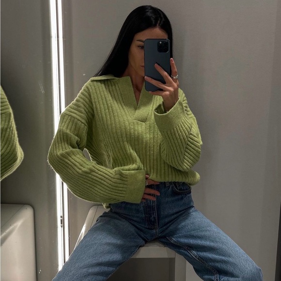 Zara sweater oversize cozy cardigan vneck ribbed collar - Picture 3 of 10